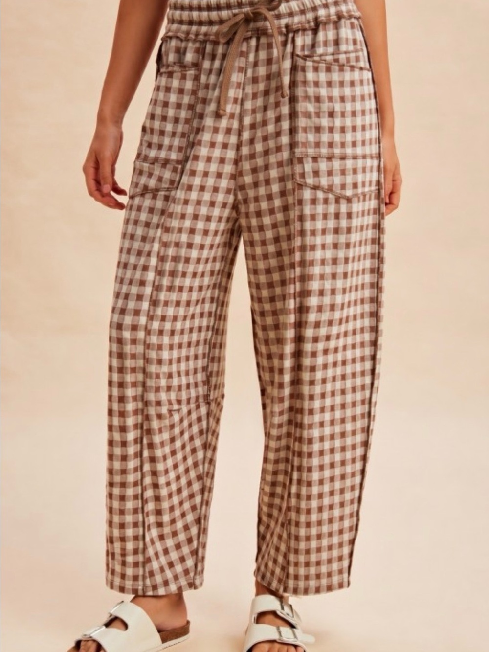 Anniewear Gingham checkered Drawstring brushed knit barrel Pants - Brown/cream